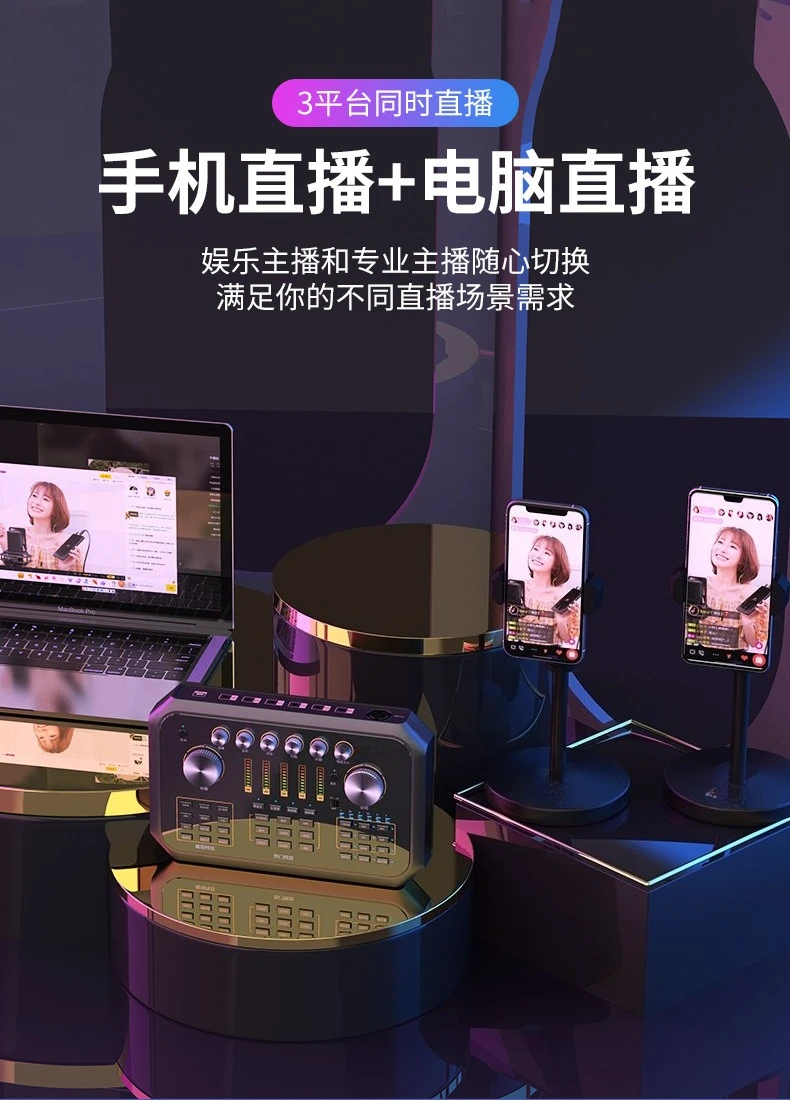プロ仕様ライブ配信カラオケデスクトップサウンドカード、携帯電話/パソコンミキサー、デュアルマイク付き