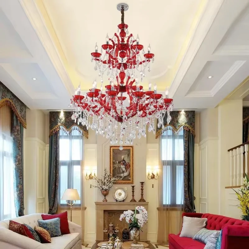European Red Crystal Chandelier Hotel Lobby Colorful Candle Pendant Lamps Banquet Hall Villa Duplex Decoration Project Lighting
