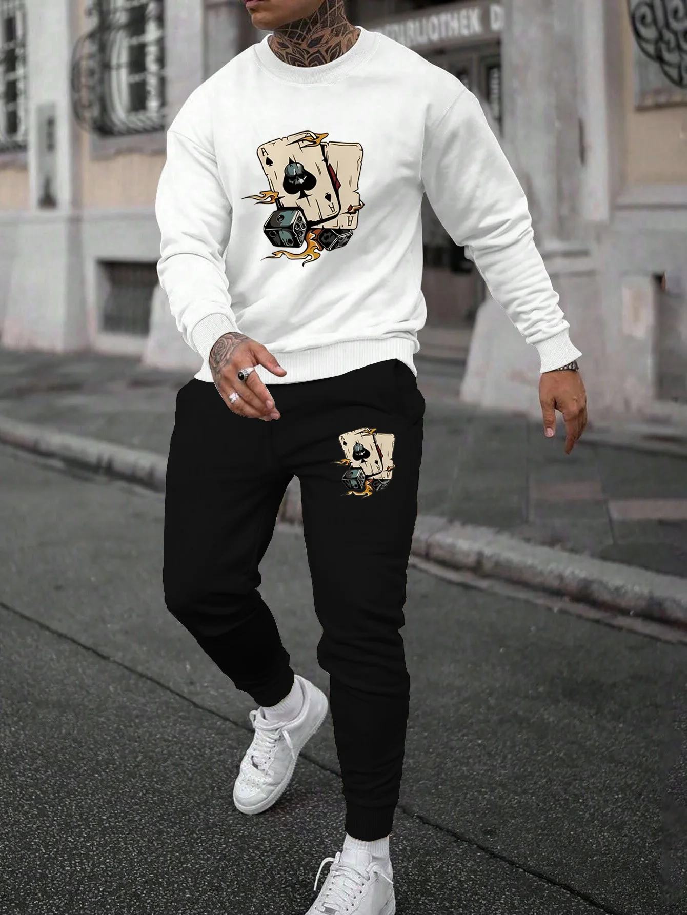 

Autumn and Winter Men Long Sleeve Set with Poker Card Pattern Men Printed Long Sleeve Set Men Quick Drying Breathable Set