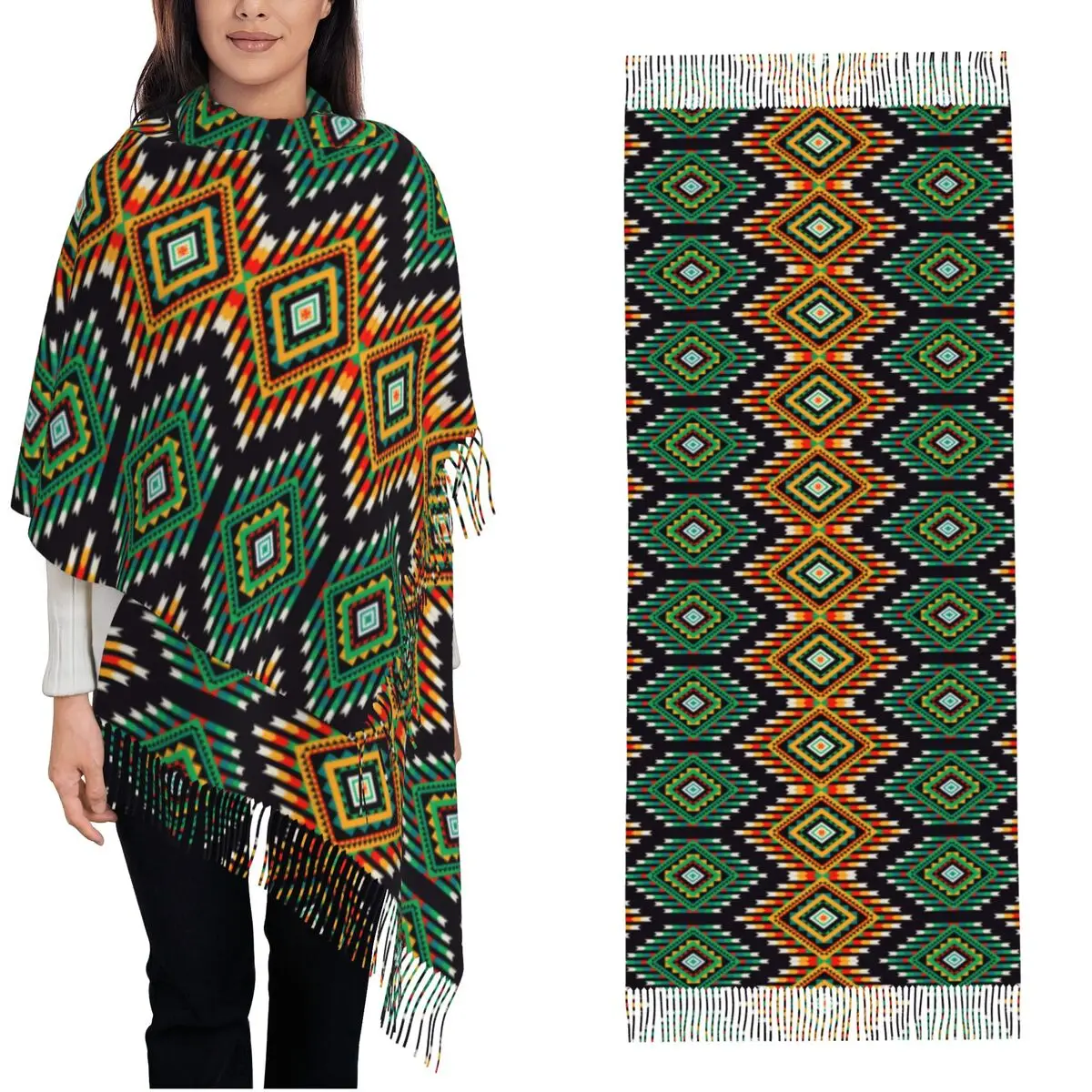 

Womens Scarf with Tassel Traditional Geometric Bohemian Long Shawl Wrap Mexican Indiana Tribal Daily Wear Pashmina Scarves