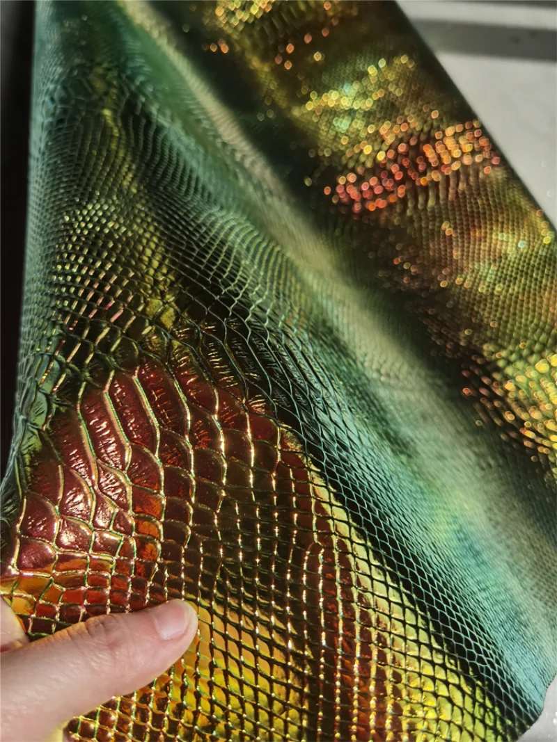 Snake Skin Grains Leather Fabric Gold Green Gradient DIY Patches Bag Decor Stage Cosplay Dress Clothes Designer Fabric