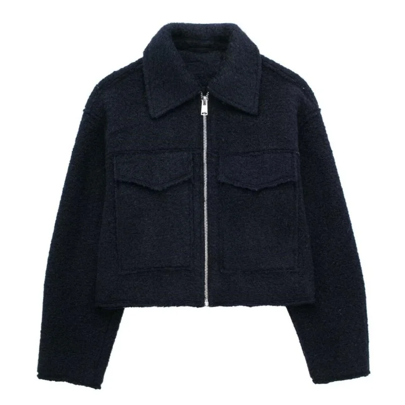 

2025 Women Fashion Patch Pockets With Flaps Cropped Jacket Coat Vintage Long Sleeve Front Zipper Female Outerwear Chic Tops