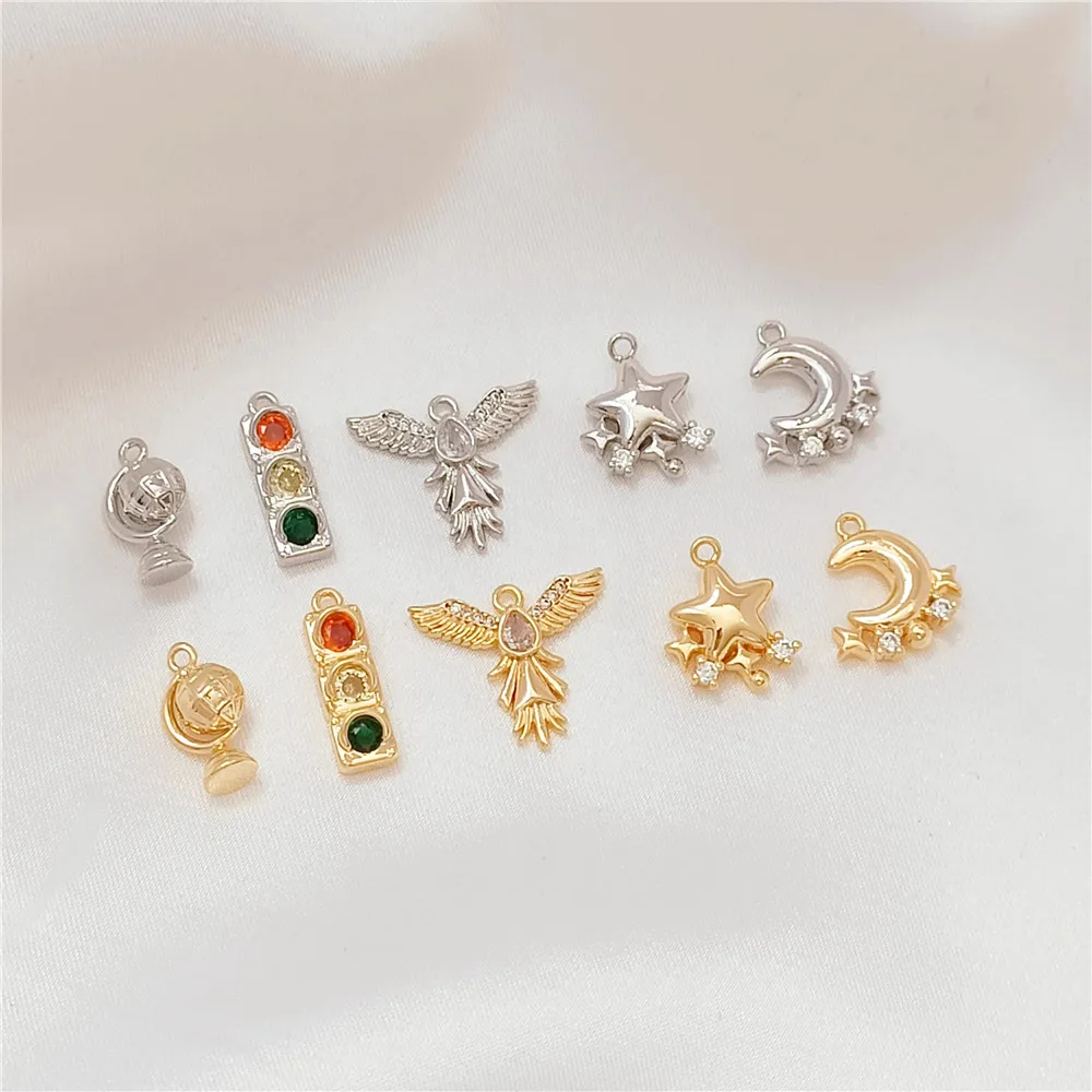 14k Gold-plated Zircon Angel Wing Moon Star Pendant, Diy Handmade Bracelet Necklace, Small Pendant