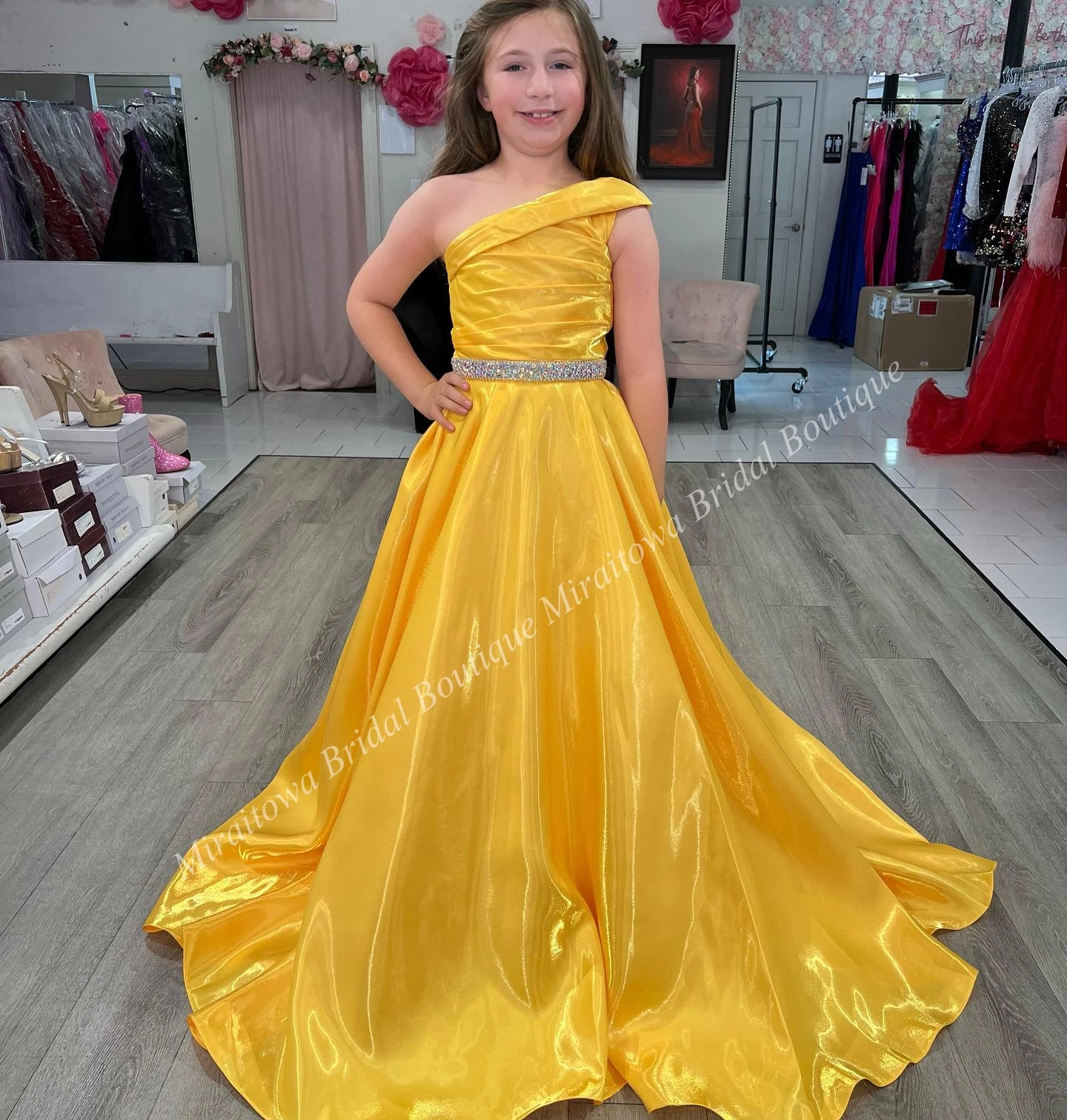 Girl Preteen Pageant Dress Shimmer Satin One-Shoulder Little Kid Birthday Formal Party Gown Infant Toddler Teens Tiny Young Miss