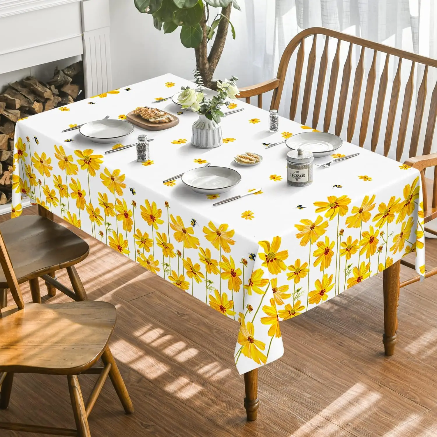 Spring Yellow Daisy Bee Rectangular Tablecloth Summer Watercolor Sunflower Blooming Floral Table Cover Wedding Party Table Deocr