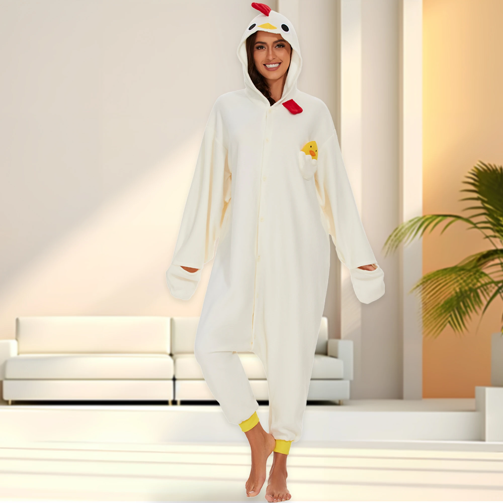 CANASOUR White Chicken Onesie One Piece Pajamas For Adult Women Winter Soft Sleepwear Halloween Christmas Cosplay Costume