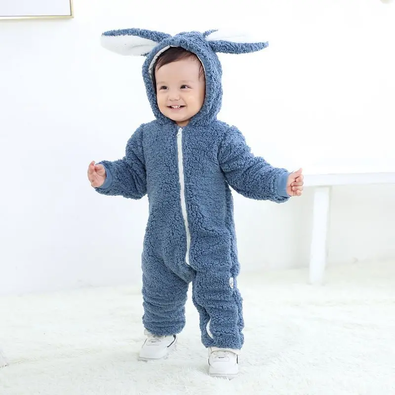 Autumn Winter Newborn Boys Jumpsuit Dig Ears Hooded Solid Plus Velvet Thick Warm Baby Girl Rompers Infant Boys Parkas Outfits