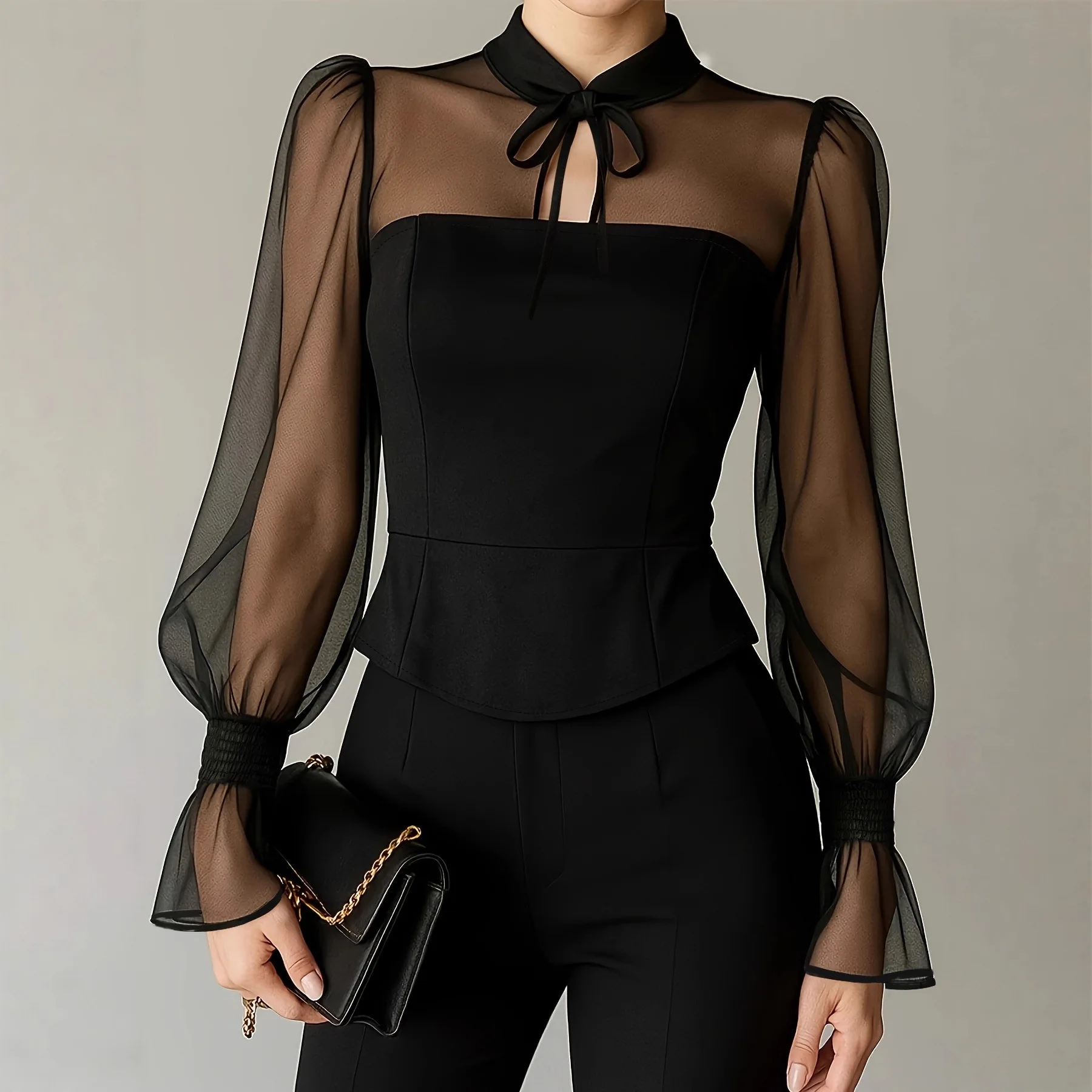 

Spring 2026 New Fashionable Women's Elegant Bubble Sleeve Collar Strap Shirt