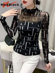 MadBlack, European Clothes T-Shirt, Women Sexy Mock Neck Diamonds Top, Long Sleeve Lace Fashion Tee, 2024 Fall Winter T487122QM