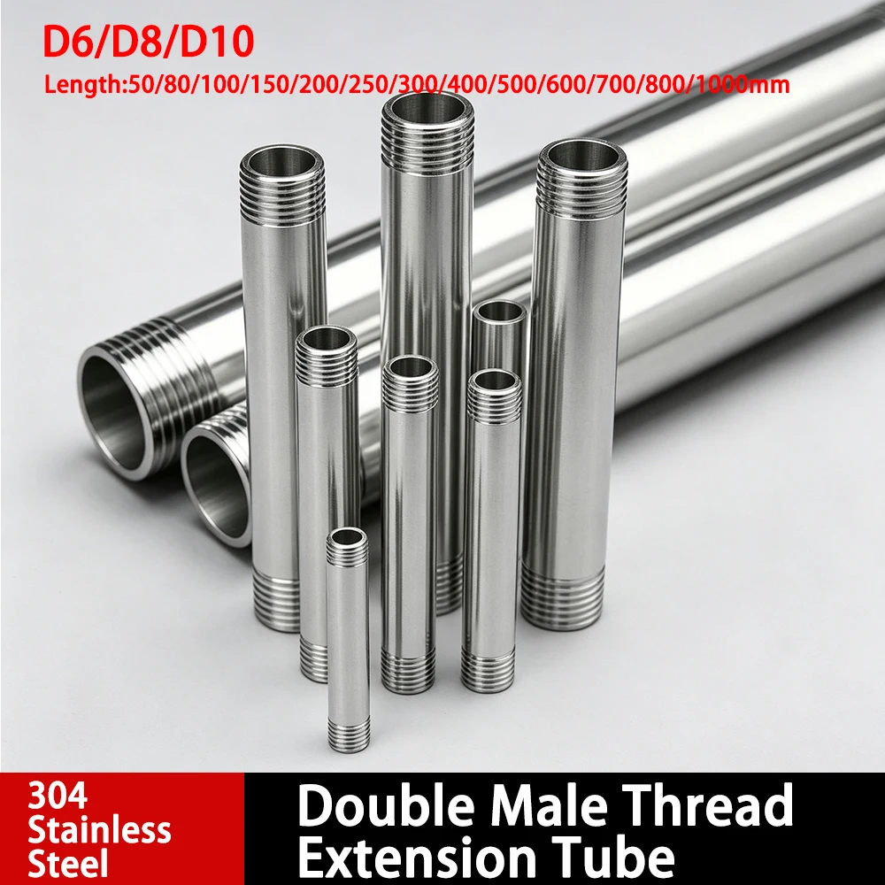 1Pcs 304 Stainless Steel DN6 DN8 DN10 Double External Thread Extension Pipe L= 50/80/100/150-1000mm Garden Household Water Pipe