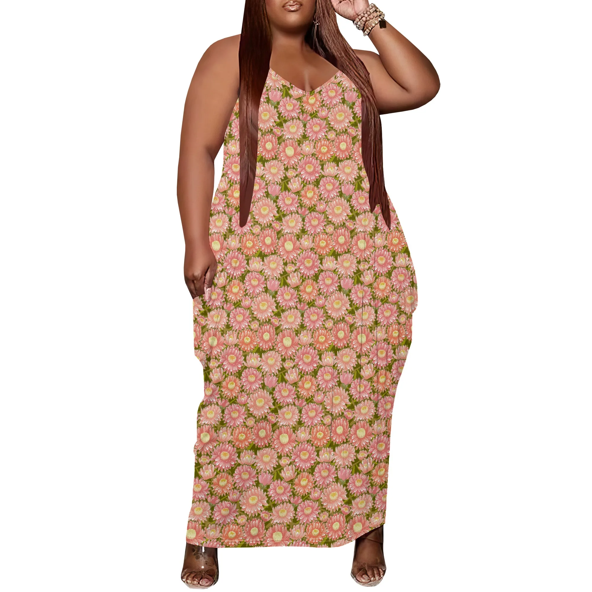 

Women Plus Size Dress Floral Print Loose Halter Long Dress with Pocket Graceful Cottagecore XL-6XL