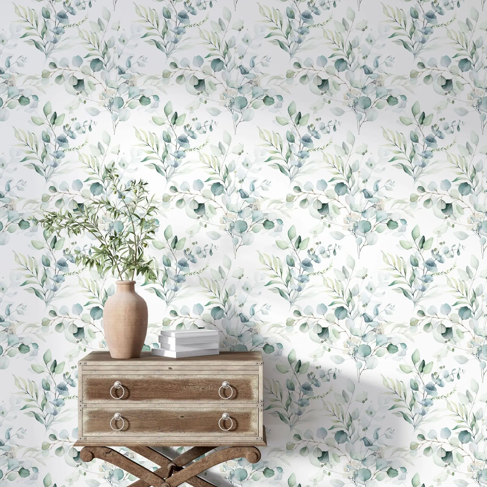 Boho Peel and Stick Wallpaper Green/White Eucalyptus Leaf Wall Mural Home Nursery Contact Paper Decor