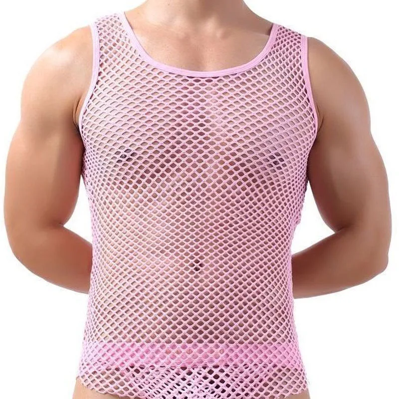 2023 Fashion Clothes Round Neck Solid Color Tank Tops Men\'s Hollow Out Grid Mesh Breathable Sleeveless Summer Men\'s Clothing