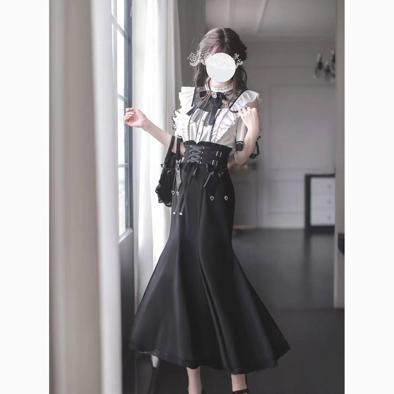 Lolita Style Japanese Sweet 2 Piece Set Woman Sweet Casual Bow Shirt High Waist Elegant Slim Midi Skirt Fashion Lace Skirt Set view 6