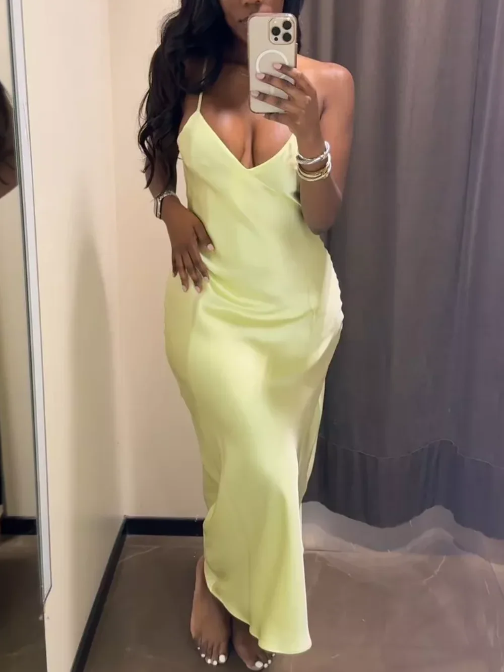 

Women's summer new fashion backless lace-up design slim satin texture V-neck MIDI dress retro sleeveless women's clothing