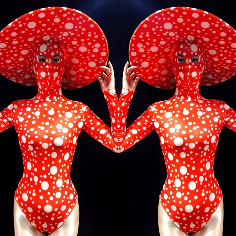 

Orange Polka Dot Bodysuit Big Hat Female Cosplay Clubwear Nightclub Dj Ds Performance Wear Festival Outfit Gogo Costume