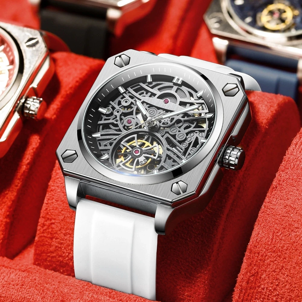 2023 New BINBOND H1133 Tourbillon Mechanical Watch Men Automatic Steel Strap Skeleton Mens Watches Top Brand Luxury BOX