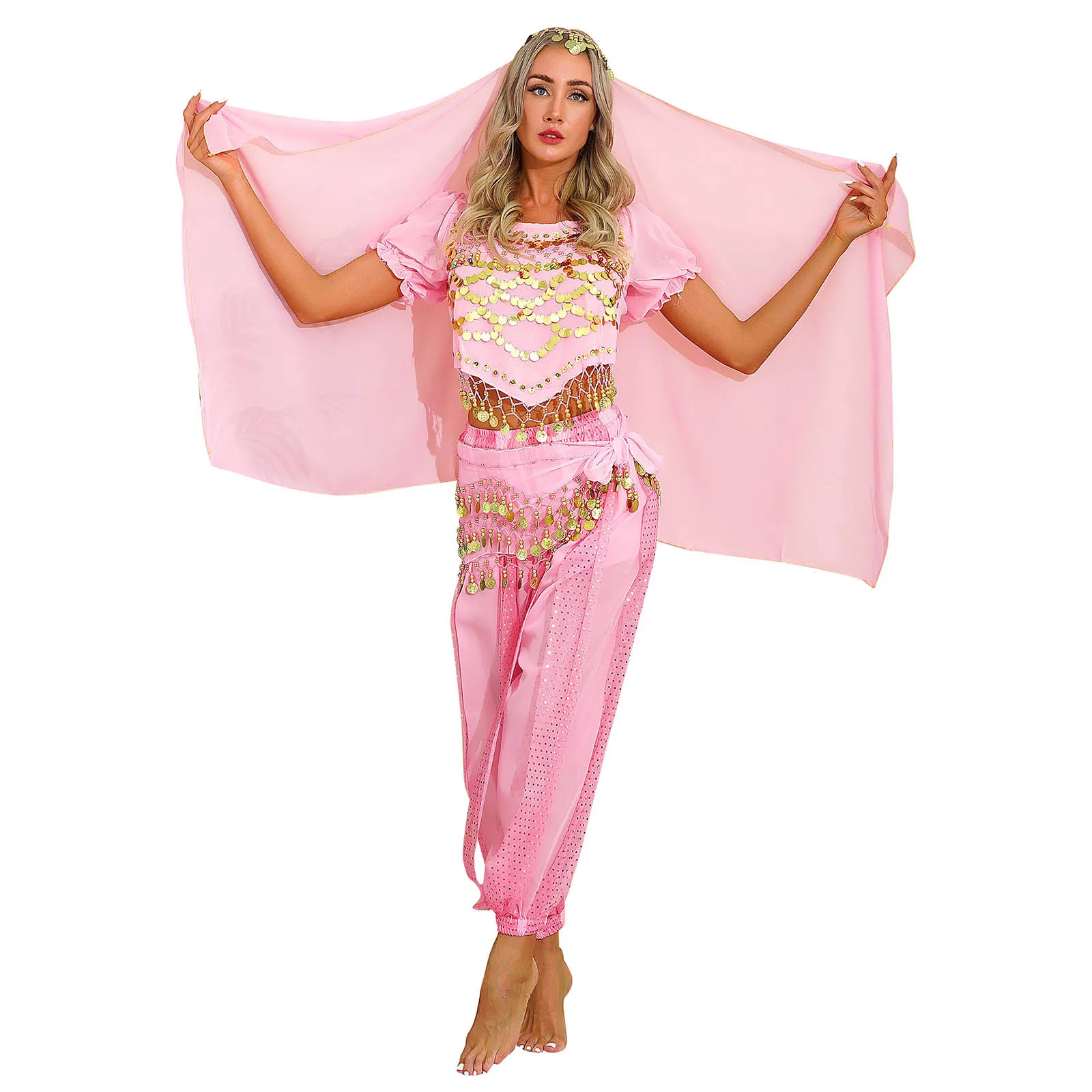 Belly Dance Outfit For Womens 4Pcs Sequins Crop Top+Harem Pants Hip Scarf Headscarf Bollywood Indian Egyptian Carnival Costume