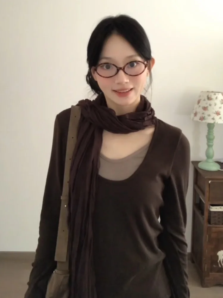 Retro American Splice Color Blo Long Sve T-shirt da donna Autunno Lazy Fit Abbigliamento interno Base irt Top V-ne Lunghezza regolare