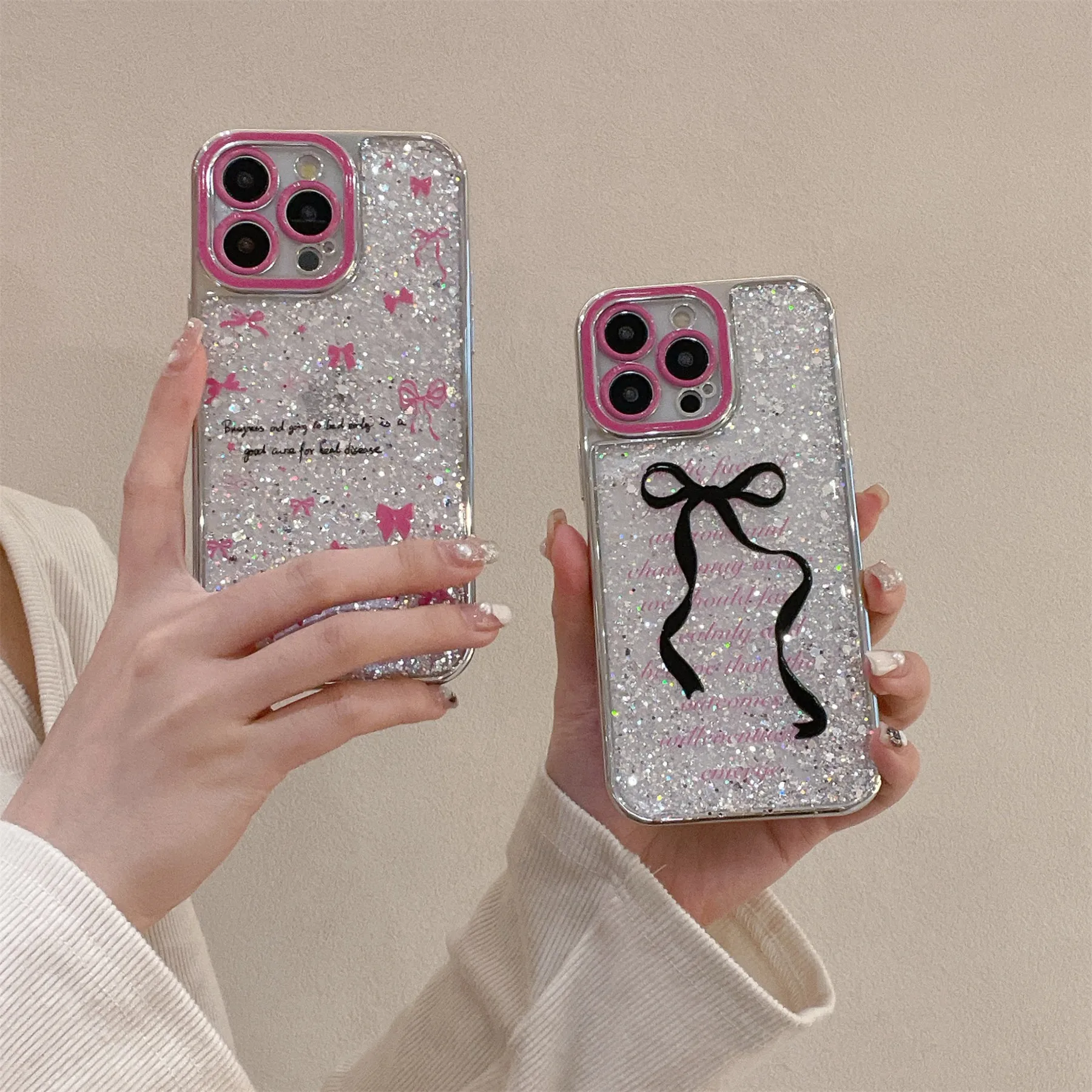 

Korean Cute Pink Black Bow Drip Glue Glitter Powder Phone Case for iPhone 15 14 13 12 Pro Max 11 Shockproof Back Cover Funda