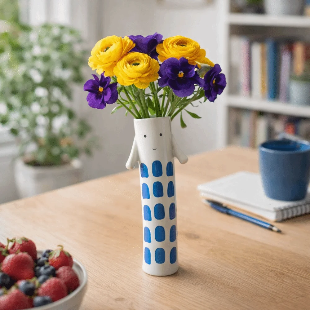 

Painted Doll Resin Flower Holder Unique Funny Floral Vase Handmade Cylinder Shape Whimsical Flower Vase Home Decoration