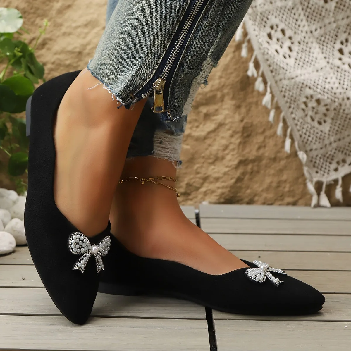 المرأة موضة اللؤلؤ ربطة ديكور كعب مسطح حذاء كاجوال المرأة الراحة لينة وحيد الشقق امرأة الانزلاق على كعب مسطح أحذية مشي