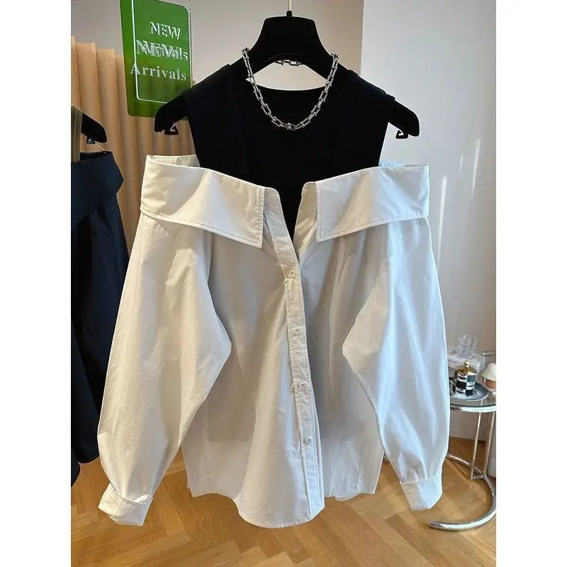 Fake Two Piece Off Shoulder Blouses 2024 New Lapel Neck Vest Shirts Women Y2k E-Girl Long Sleeve Loose White Blusas Mujer