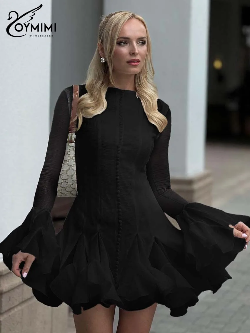 فستان Oymimi كاجوال وردي برقبة دائرية فستان نسائي أنيق بأكمام بتلات واحدة الصدر فساتين متينة أنيقة عالية الخصر مطوي فستان قصير #6