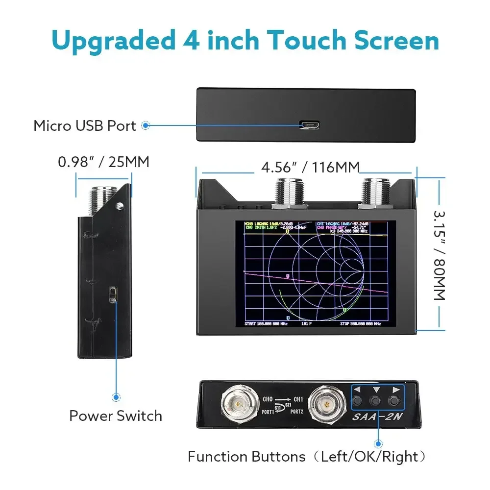 NanoVNA SAA-2N VNA Antenna Analyzer Metal Case 4inch Display 50KHz -3GHz Vector Network Analyzer HF VHF UHF Nano VNA 3000mAh