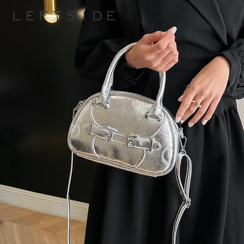 

LEFTSIDE Silver Belt Design Korean Fashion Women Small Shoulder Bag Lady Handbags and Purses 2023 Leather Crossbody Bag
