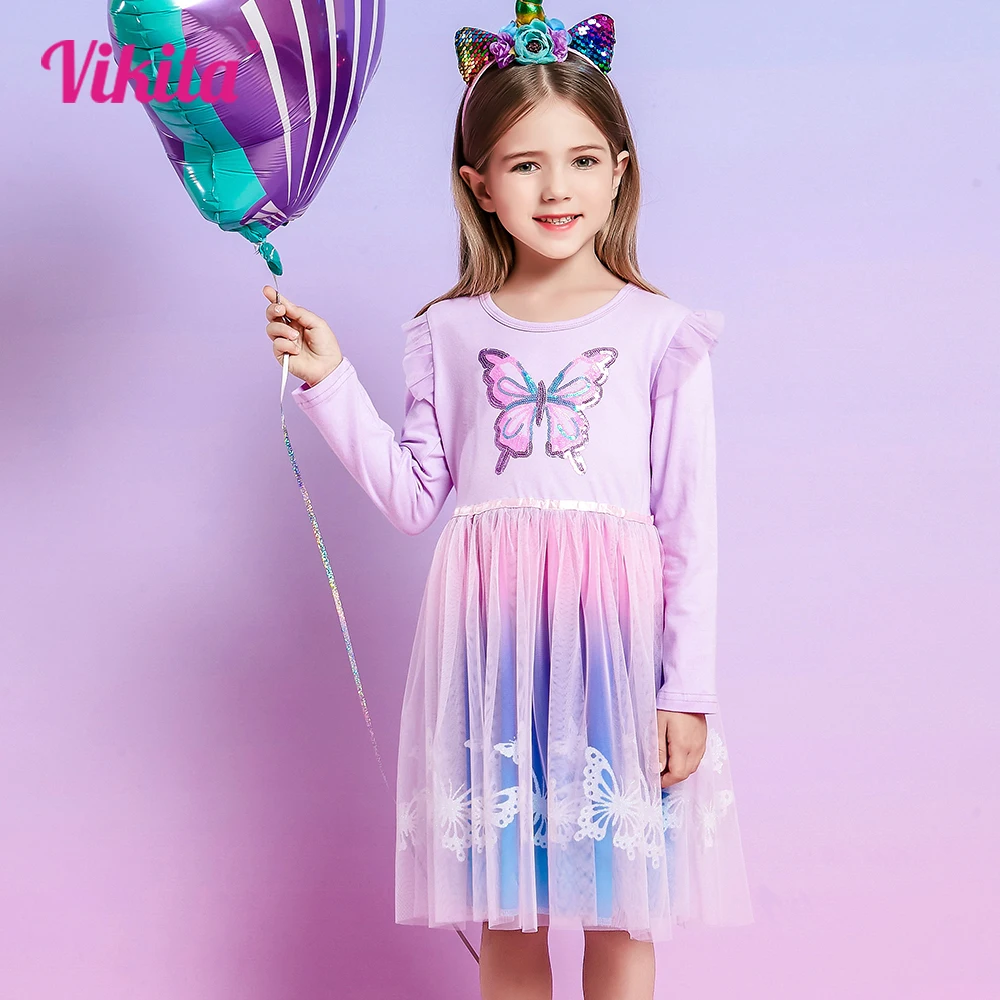 VIKITA Girls Butterfly Sequined Dresses Kids Purple Princess Mesh Tulle Elegant Wedding Birthday Gradient Long Sleeve Dresses