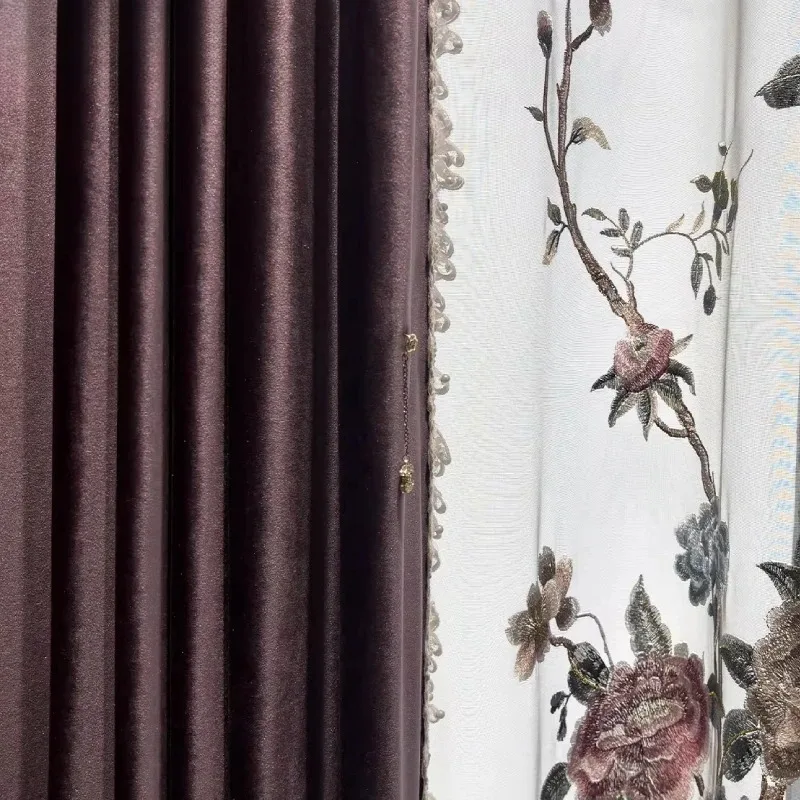 New Elegant Purple Velvet Embroidery Window Screen Curtains for Living Room Bedroom French Window Custom Villa Valance