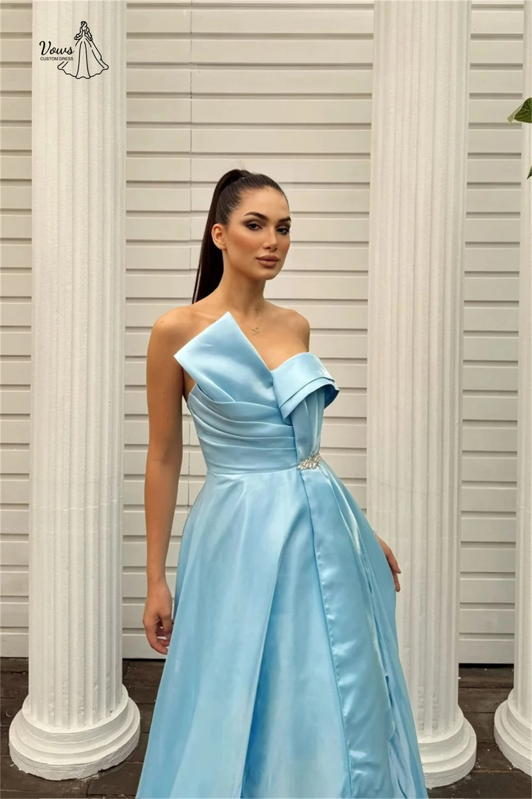 Vows luxuoso vestidos de noite femininos para eventos linha um vestido de baile cetim fora do ombro vestido de festa de casamento feito sob encomenda