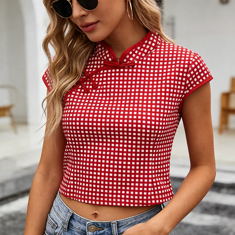 Spring New Style Chinese Checkered Cheongsam Short Sleeved Top Casual Retro Stand Up Collar Short Style Slim Fit Waist Cinching