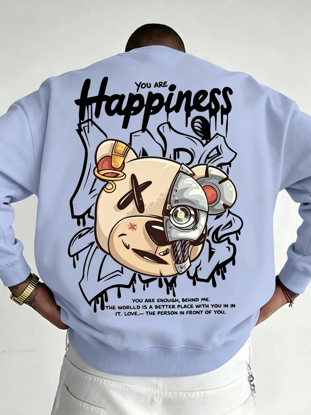 New men's autumn mechanical bear letter print micro elastic comfortable round neck long sleeved T-shirt outdoor street top