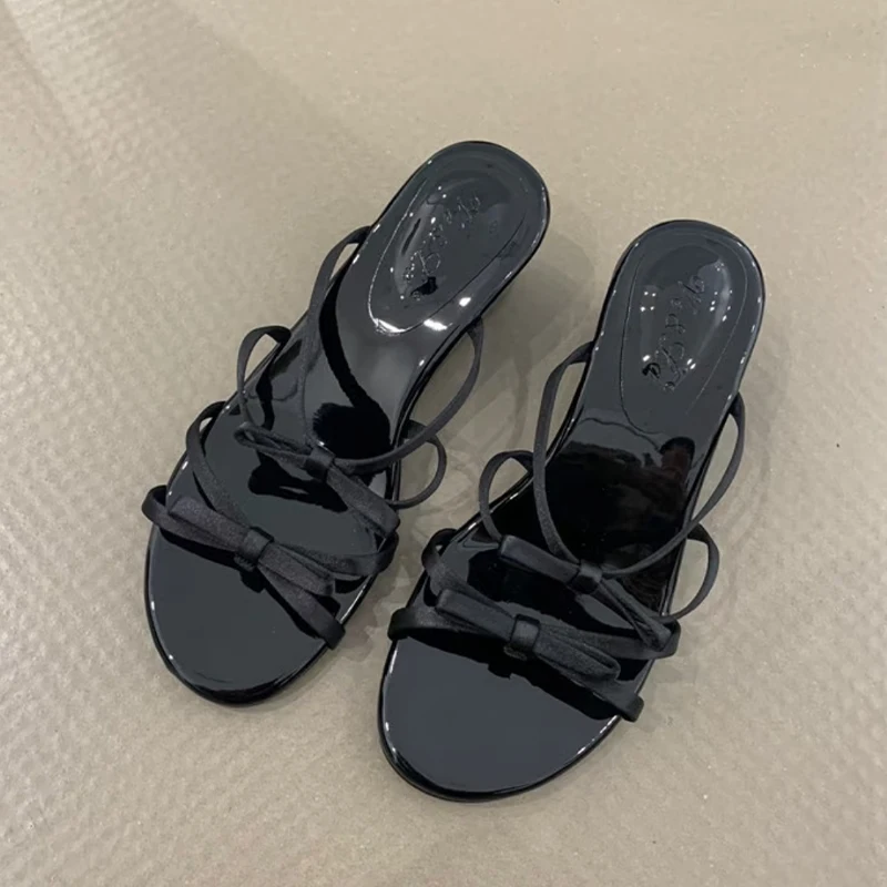 Wedges Sandal Hak Sedang Sepatu Wanita Macan Tutul Elegan Pita 2025 Sandal Musim Panas Mode Gaun Pump Sandal Jepit Sandalias De Mujer