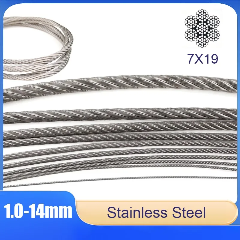 

1Meters 304 Stainlesss Steel Wire Rope 7X19 Structure Dia 1/1.2/1.5/2/2.5/3/4/6/8/10/12/14mm Fishing Lifting Cable DIY Railing