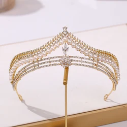 Baroque Luxury Golden Plated Crystal Pearls Bridal Tiaras Crown Rhinestone Pageant Diadem CZ Headbands Wedding Hair Accessories