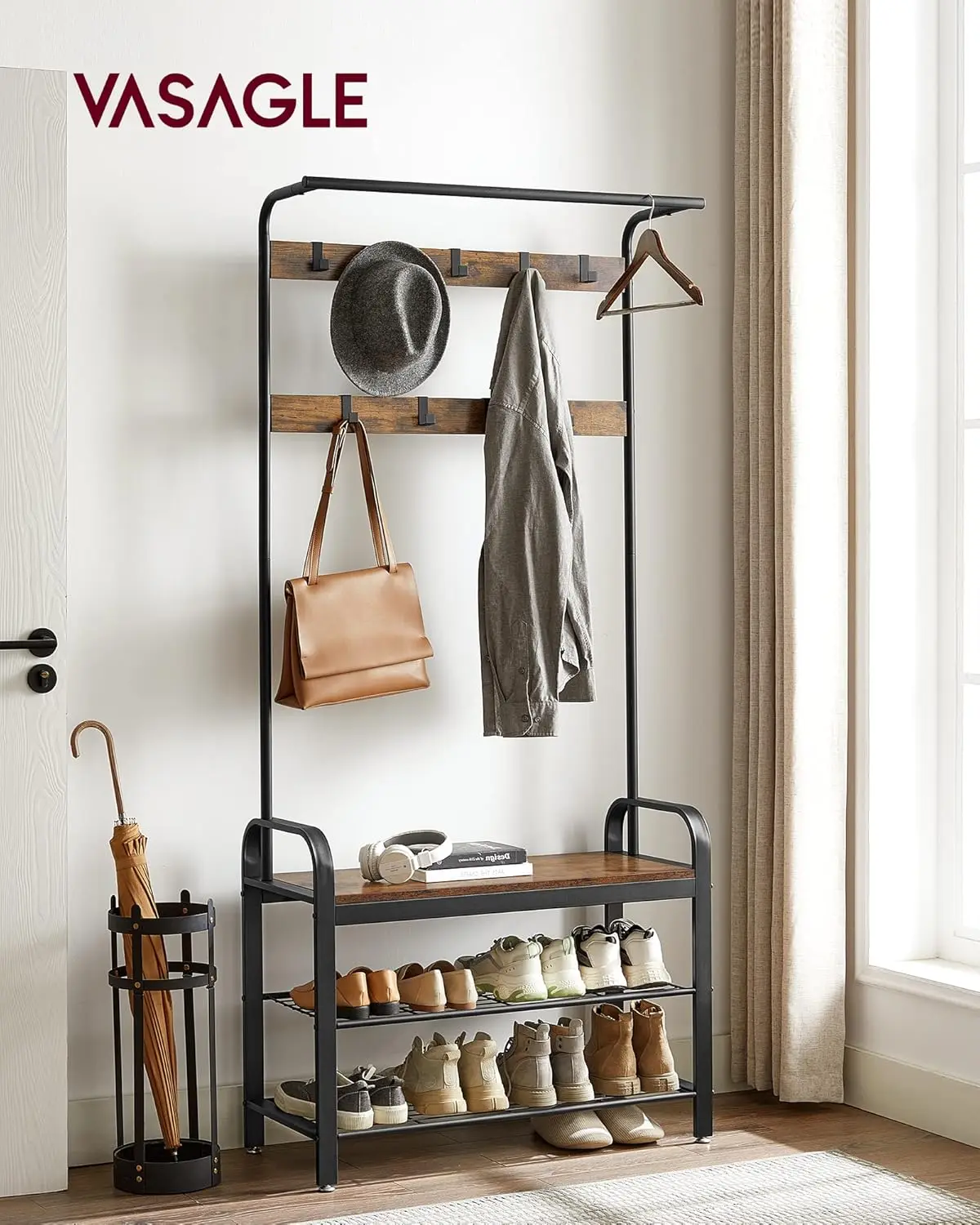 Coat Rack, Hall Tree with Shoe Bench for Entryway, Entryway Bench with Coat Rack,a Hanging Rod,Rustic Brown and Black