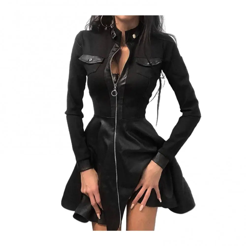 Fashion Women Lace Long Sleeve Zipper Pocket Large Hem Faux Leather Mini Dress