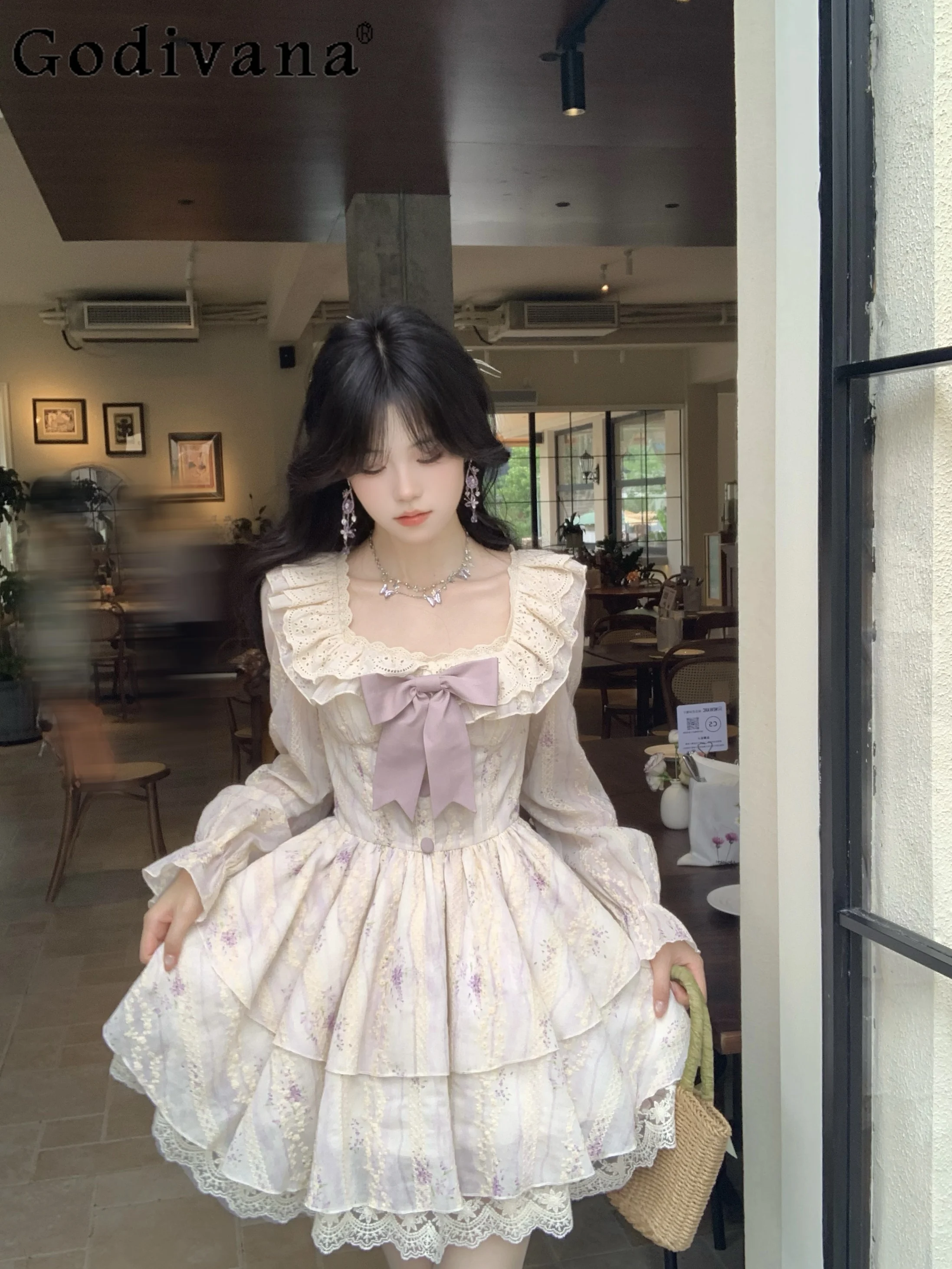 

Large Size Female French Sweet Square Collar Bow Princess Dress Spring Autumn High Waist A-line Cute Long Sleeve Fairy Dresses