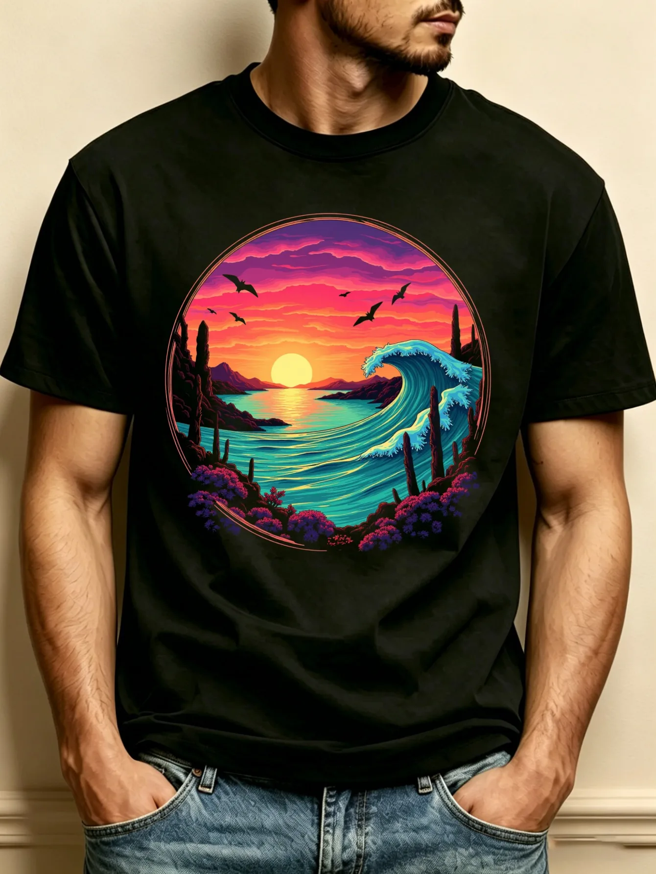 Desert Sunset Wave Pattern Men's Crew Neck T-Shirt, Loose Fit, Purely Fashionable and Versatile, Soft and Comfortable Fabric, Suitable for Daily Wear and Holiday Gifts, Sunset Wave Cactus Landscape Design, Summer and Autumn Outfits, Unisex or for Gifting to Friends, Ideal Gift for Birthdays, Thanksgiving, and Holiday Celebrations