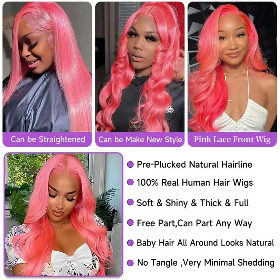 วิกผมสีชมพู 13x6 HD Lace Frontal Wig ความหนาแน่น 250% ทรงลอนธรรมชาติ วิกผมแท้ 100% ย้อมสี ถอนขนแล้ว วิกผมบราซิล ขนาด 38 นิ้ว สำหรับผู้หญิง