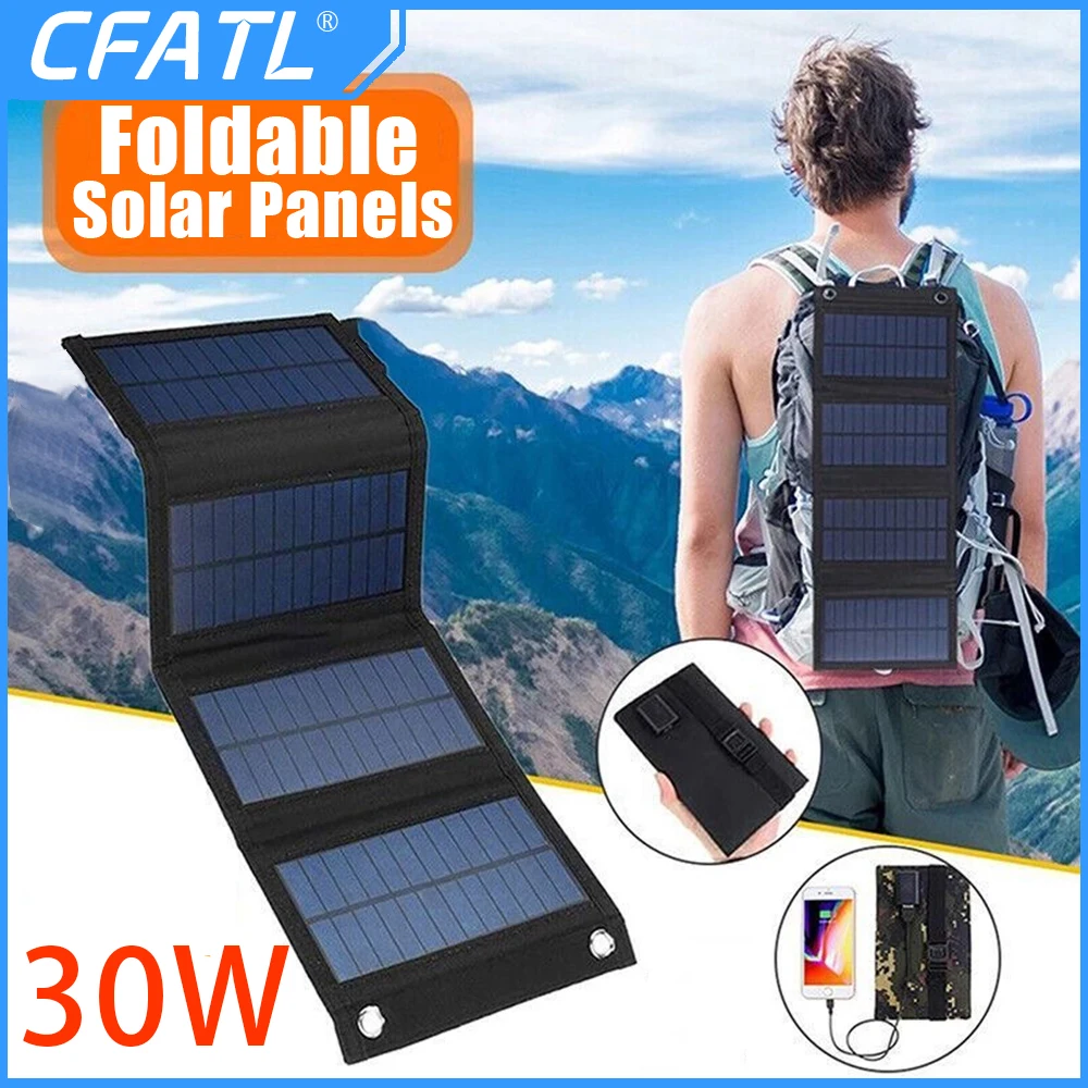 

30W Foldable Solar Panel Portable Mobile Power Bank Waterproof Solar Charger USB 5V for Outdoor Camping Hiking Accessories