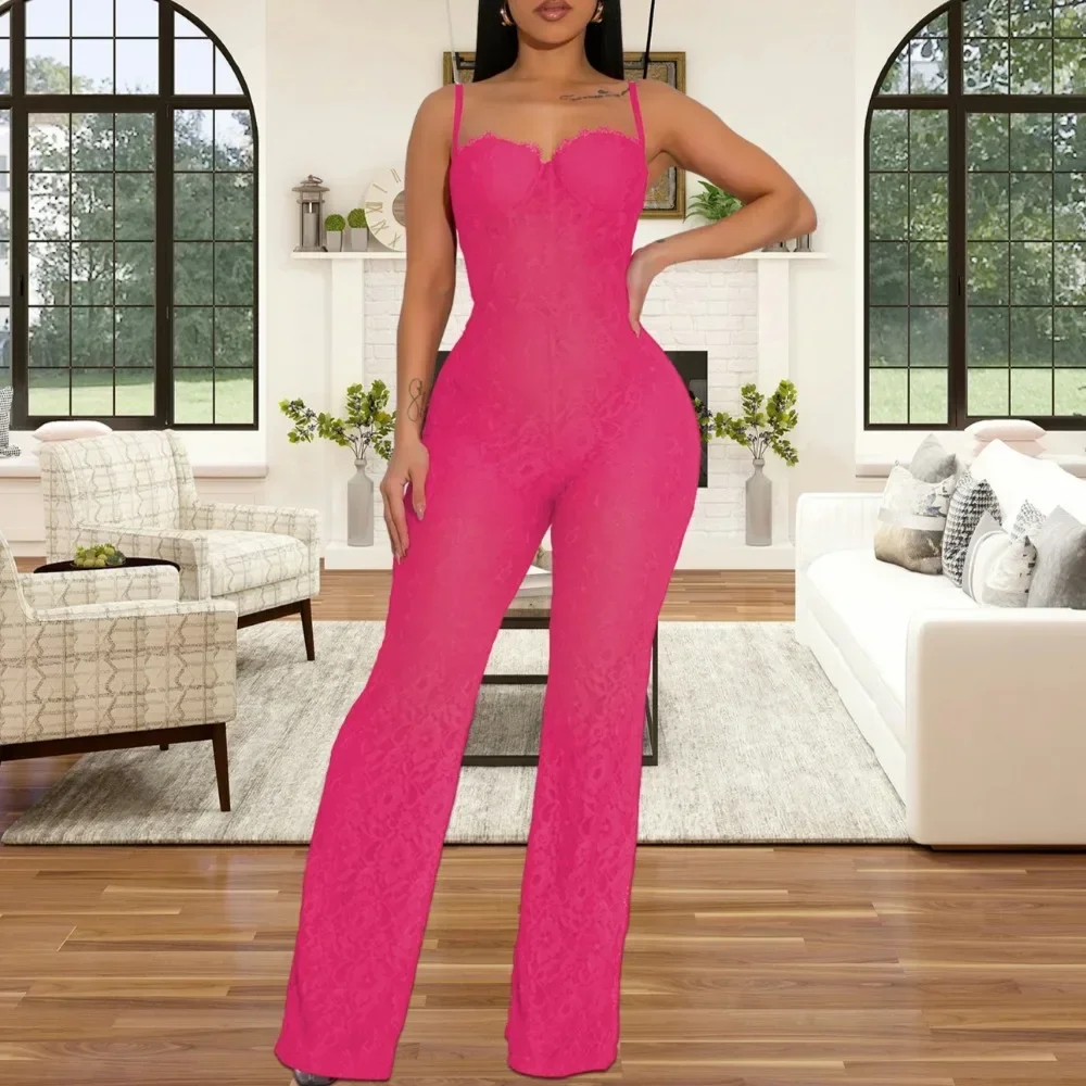 Sexy Lace Bodycon Jumpsuit Women Spaghetti Strap See Through One Pieces Playsuits Romper Female Night Club Overalls New