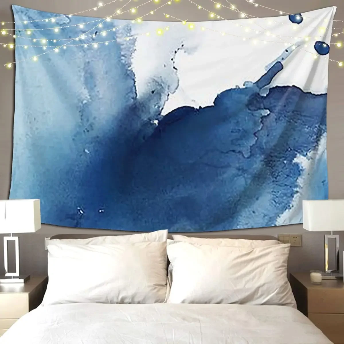 Indigo Blue Sea, Abstract Ink Painting Tapestry Hippie Wall Hanging Aesthetic Home Tapestries for Living Room Bedroom Dorm Room