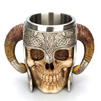 Creative 3D Skull Mug Viking Drinking Cup Resin Stainless Steel Beer Stein Tankard Coffee Mug Tea Cup Halloween Drinkware Gift