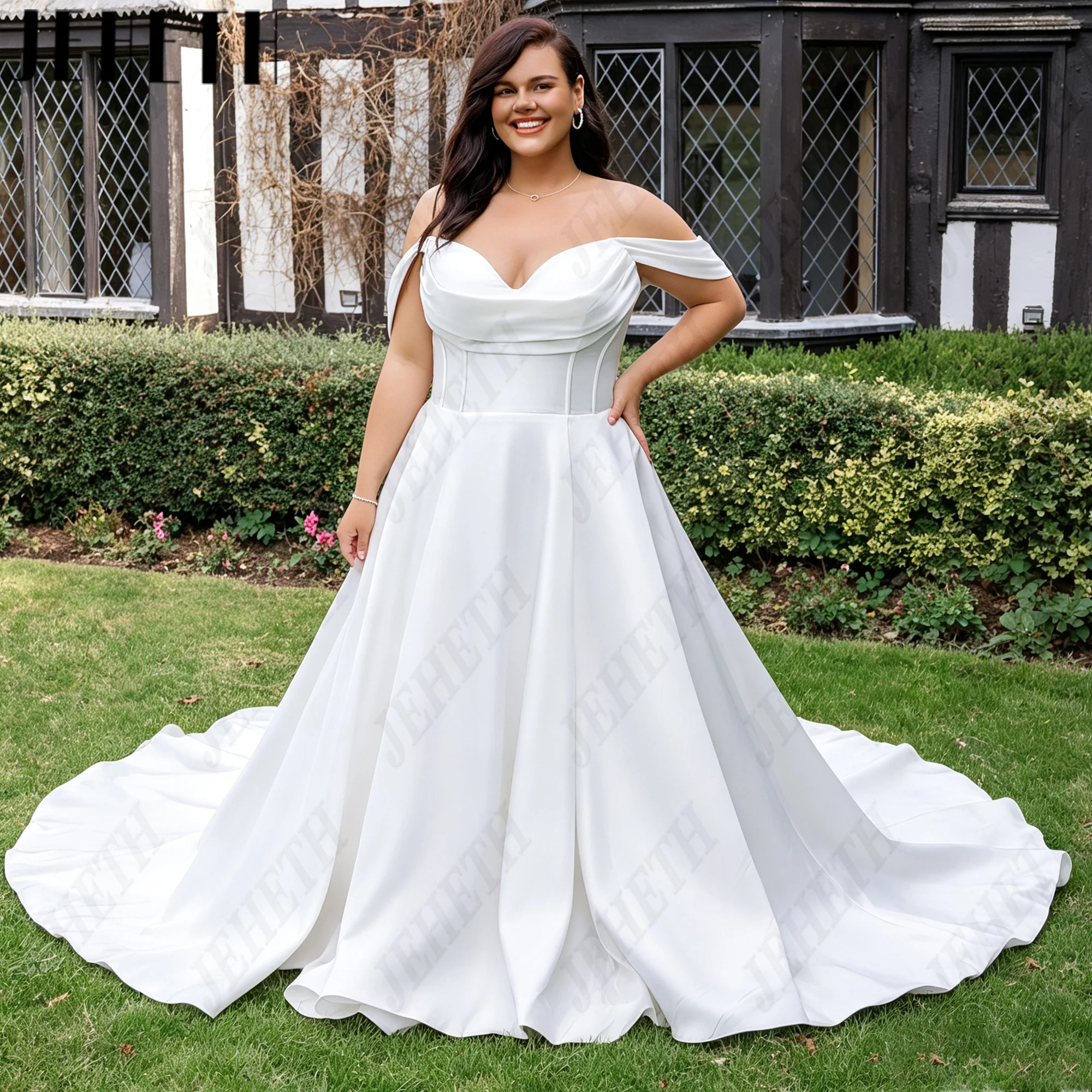 JEHETH Customized Plus Size Satin Wedding Dress Off Shoulder A Line Bride Dresses Backless Court Train Bridal Gown For Women