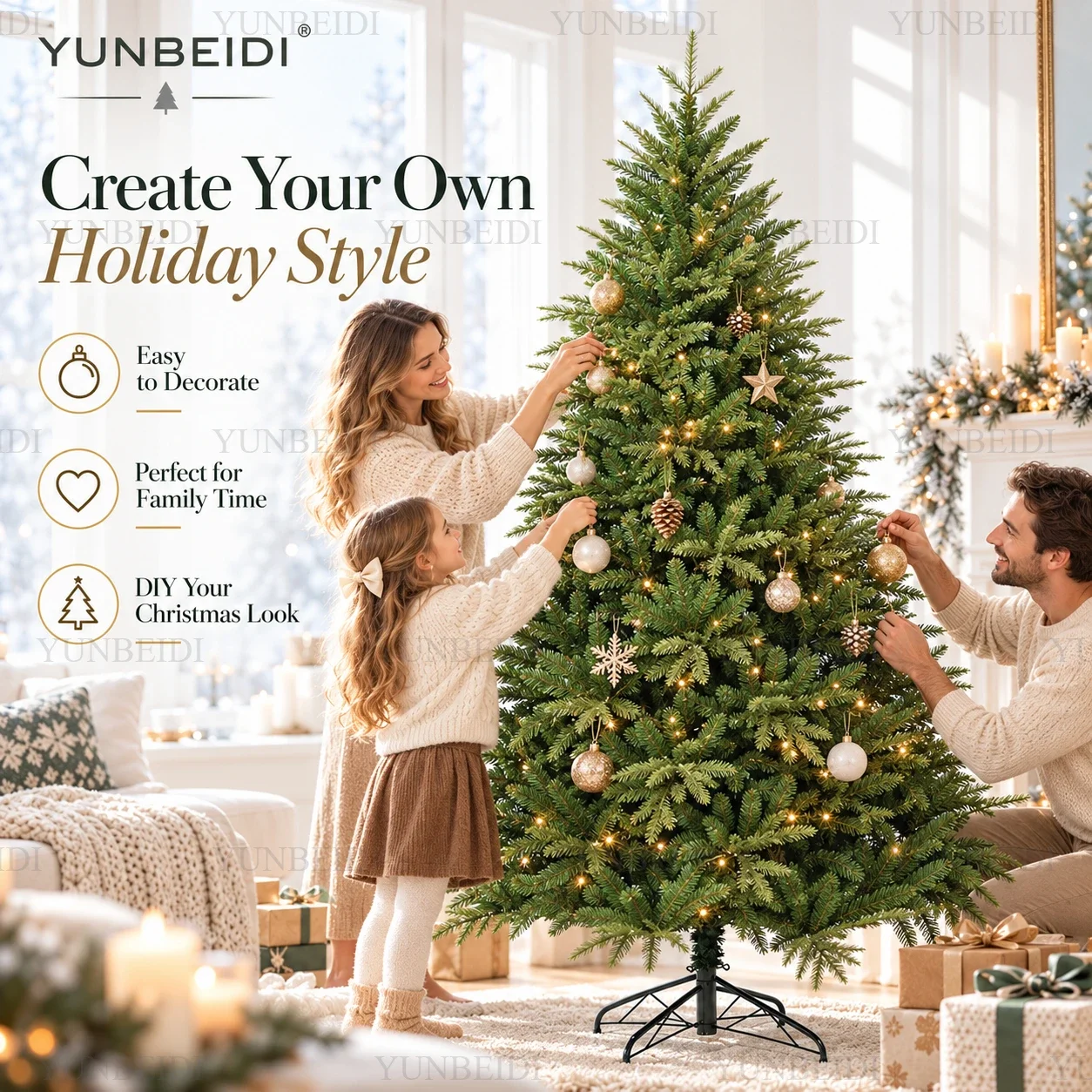 Artificial Christmas Tree PE+PVC Encryption Green Christmas Tree 120cm-180cm with Warm LED Light Home Christmas Party Decoration