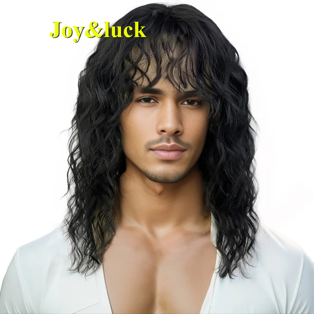 

Synthetic High Quality Rock Men's Wig 18 Inches Black Naturally Curly With Bangs For Daily Party Or Cosplay Men's Wigs